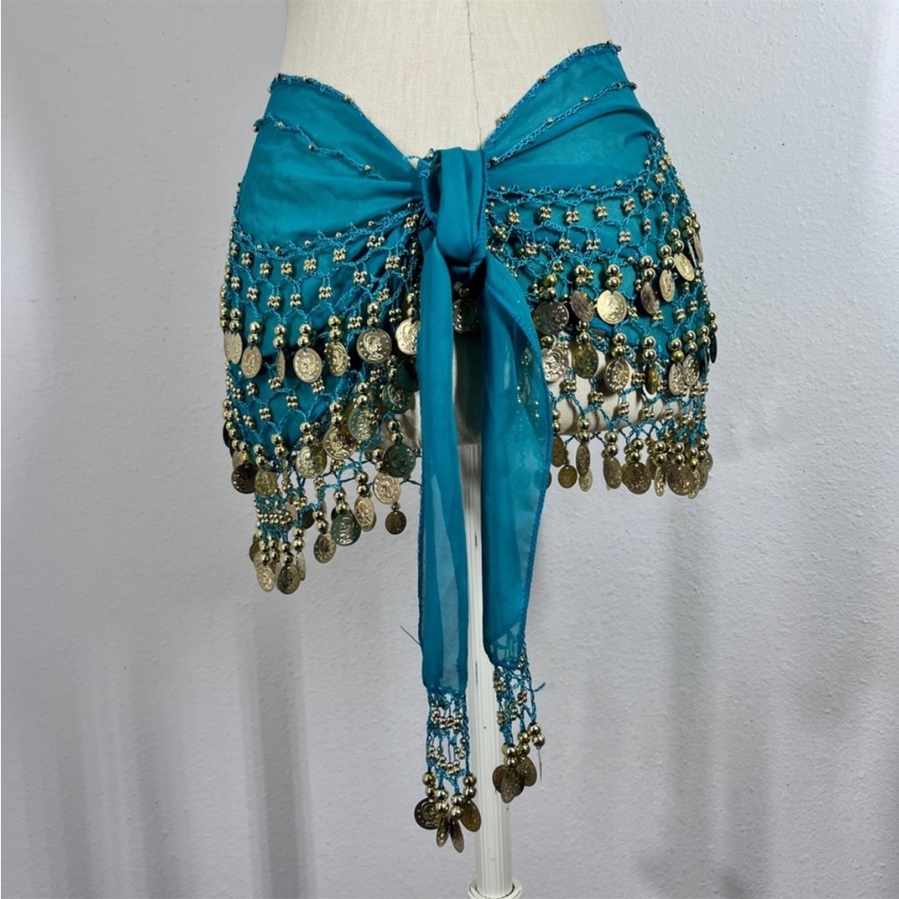 Belly Dancers Turquoise Chiffon Hip Scarf
Gold Coins and Beads